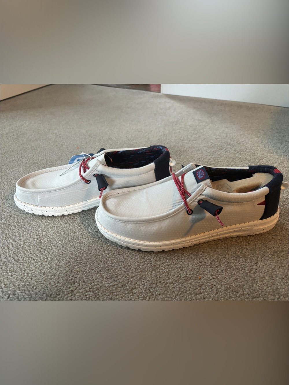 Hey Dude Off-White Canvas Boat Shoes with Red Accents